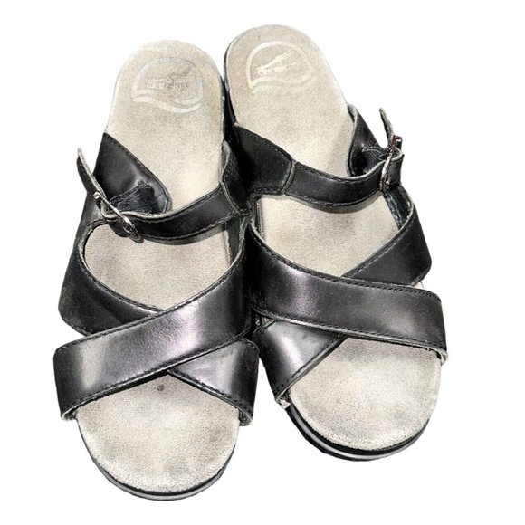 Dansko Sandals Womens 38 Sela Cross Strap Slip On Wedge Slide Black Leather - Picture 3 of 7